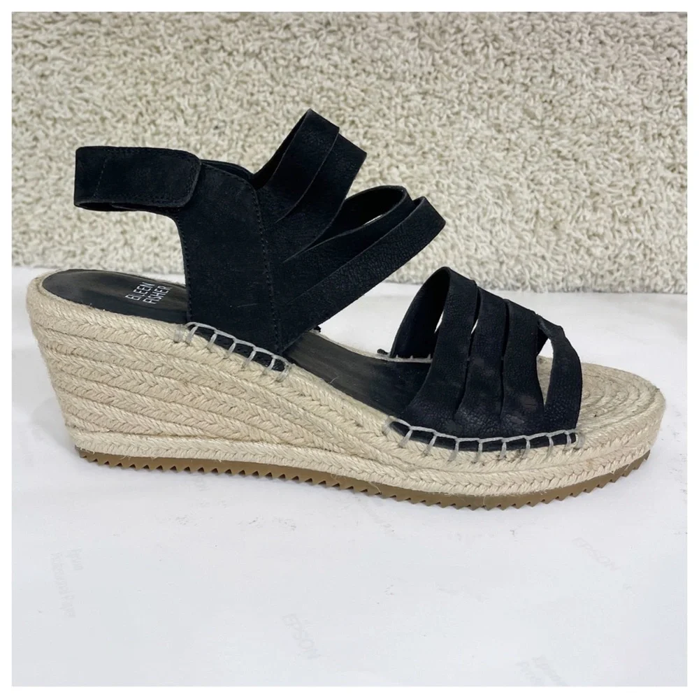 Eileen Fisher LARGO Espadrille Wedge Sandal Women's Black Leather 9 Platform